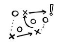 Sports tactics and strategy. Scheme of movement of team player. Combination of crosses and circles with path arrows