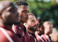 Sports, team and serious men at field for training, workout and practice outdoor. Fitness group, rugby and people Royalty Free Stock Photo