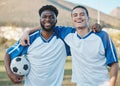 Sports team, soccer ball and smile portrait on field for fitness training or game outdoor. Football player, club and Royalty Free Stock Photo