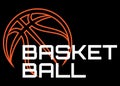 Sports template with basketball ball and lettering. Colored vector illustration. Black background. Element for design of brand