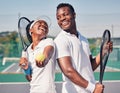 Sports, tennis and black couple with tennis ball on court ready for game, match and training outdoors. Dating, quality Royalty Free Stock Photo