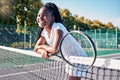 Sports, tennis and black woman with tennis racket on court ready for winning game, match and practice outdoors