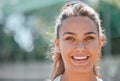 Sports, tennis and face portrait of woman on outdoor court ready for fitness, exercise and workout. Motivation
