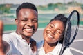 Sports, tennis and selfie portrait of black couple enjoying summer day playing game, match and training together Royalty Free Stock Photo