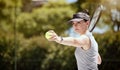 Sports, tennis and woman serving ball in game, match or competition. Fitness, wellness and female tennis player from