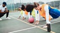 Sports training, coach and netball team practice, floor push up and teaching fitness for athlete, people or girl. Health