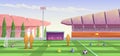 Sports training complex. Stadium building, lighting tower, canopy with bench, soccer field for training. Sports equipment, goal,