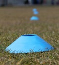 Sports training cones on soccer pitch Royalty Free Stock Photo