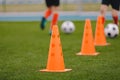 Sports training cones on soccer pitch Royalty Free Stock Photo