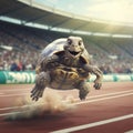 A sports turtle runs in a stadium Royalty Free Stock Photo