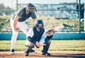 Sports, umpire and baseball with man on field for fitness, training and competition match. Strike, home run and catcher Royalty Free Stock Photo