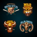 Sports vector labels with heads of animals. Wolf, bulls, ram and tiger emblems