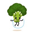 Sports vegetable character. Cute healthy fruit and funny face. Happy food green broccoli. Jumping rope. vegetarian