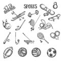 Sports vintage hand drawn vector illustrations. Sport and fitness doodle set. Sketch icons in retro style Euipment Royalty Free Stock Photo