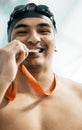 Sports winner, swimming medal and man portrait with competition success, fitness achievement and winning race Royalty Free Stock Photo