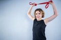 Sports woman exercising with a resistance band. Slim girl in good shape. People, sport and fitness concept. Exercise bands working Royalty Free Stock Photo