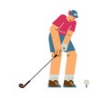 Sports woman playing golf, young female cartoon character hitting ball with club vector isolated illustration Royalty Free Stock Photo