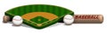 Sports wooden baseball bat, balls and baseball field layout on white background. Sport design element, web banner for competitions