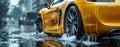 sports yellow car in the rain