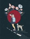 Sports young girl on a long board in the summer rides on the road with dog dalmatian. flower and red moon in night sky. extreme