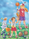 Colorful illustration of two boys with good appetite after sport activity