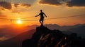 Sportsman courageously crossing a suspended bridge over an abyss in a canyon between mountains.