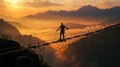 Sportsman courageously crossing a suspended bridge over an abyss in a canyon between mountains.