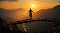 Sportsman courageously crossing a suspended bridge over an abyss in a canyon between mountains.