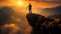 Sportsman courageously crossing a suspended bridge over an abyss in a canyon between mountains.