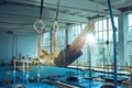 The sportsman during difficult exercise, sports gymnastics Royalty Free Stock Photo