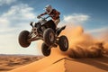 Sportsman jumping atv vehicle in desert sand dune. Generative AI Royalty Free Stock Photo