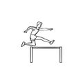 Sportsman jumping over obstacles hand drawn outline doodle icon.