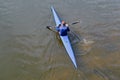 Sportsman on a kayak top view. ÃÂerial Top View of Man Kayaking on river