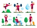 Male Athlete, Sportsman Activities Flat Vector Set