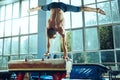 The sportsman during difficult exercise, sports gymnastics Royalty Free Stock Photo