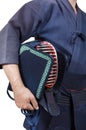sportsman and protective equipment 'bogu' for Japanese fencing Kendo training close-up