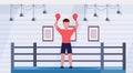 Sportsman in red gloves raised hands professional male boxer celebrating successful fight victory concept boxing ring