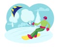 Sportsman Snowboarder in Colorful Wear, Helmet and Goggles Holding Kite Riding Fast by Icy Surface. Winter Time Outdoors Royalty Free Stock Photo