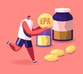 Sportsman in Sportswear Running with EPA Eicosapentaenoic Acid Drop in Hands with Huge Vitamin Bottles Royalty Free Stock Photo