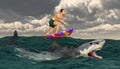 Sportsman on a surfboard and great white shark Royalty Free Stock Photo