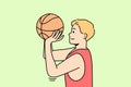 Sportsman throws ball into hoop or through net. Royalty Free Stock Photo