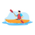 Sportsman vector illustration, cartoon flat man kayaker character kayaking, riding and paddling boat canoe isolated on