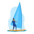 Sportsman vector illustration, cartoon flat man surfer character windsurfing, standing on surfboard, riding icon Royalty Free Stock Photo