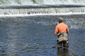 Sportsman in Waders Fishing at Dam Royalty Free Stock Photo