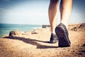 Sportsman walking beach coast. Close up. Royalty Free Stock Photo