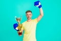 Sportsman winner in boxing sport. Successful sport. Mature boxer champion. Celebrating success. Man champion in boxing Royalty Free Stock Photo