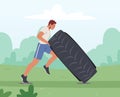 Sportsman Workout Exercising in Yard. Crossfit or Bodybuilding Concept with Strong and Power Athletics Man Lifting Tire