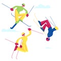 Sportsmen Freestyle Skiing Jump. Winter Sport Activity Combine Skiing and Acrobatics Stunts. Aerialist Skiers