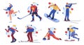 Sportsmen snowboarder alpine skiers winter skating