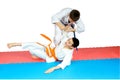 Sportsmens in judogi are training judo throws Royalty Free Stock Photo